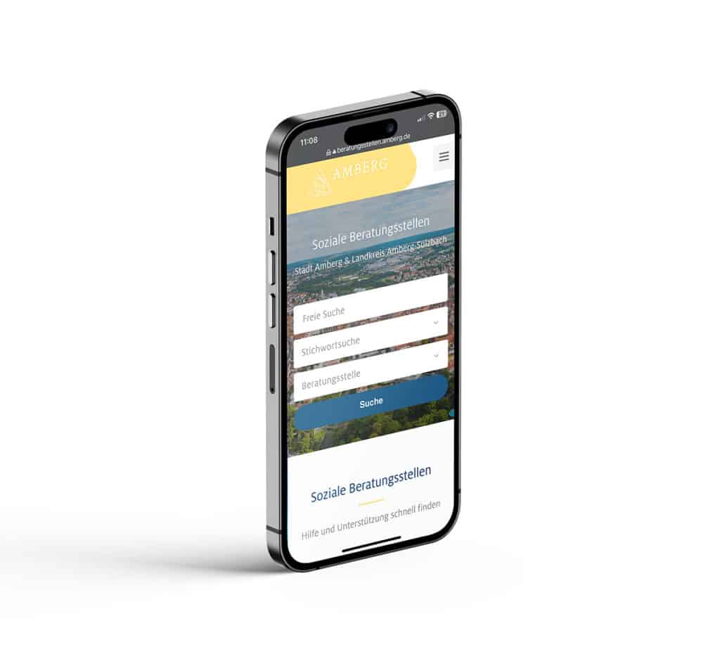 Homepage soziale Beratungsstellen der Stadt Amberg - auf einem Smartphone - Navigation